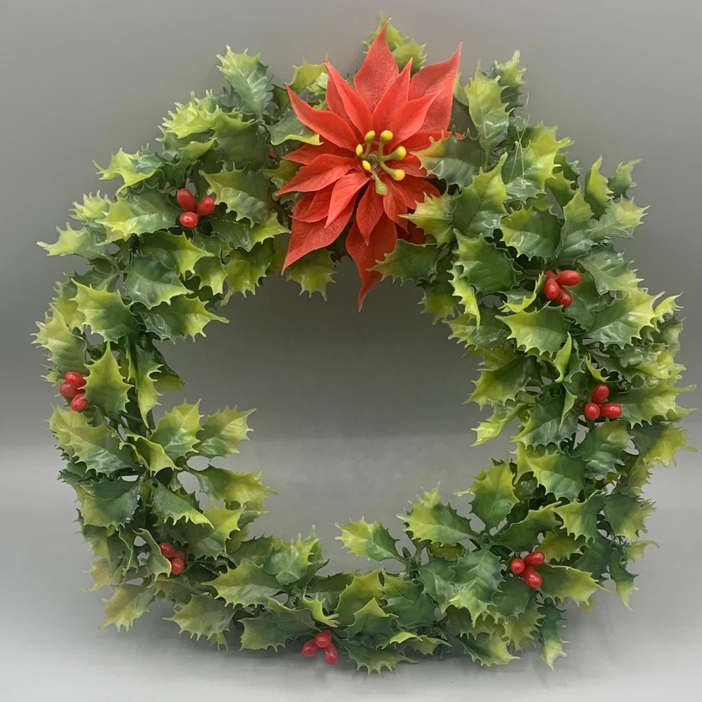Vintage 12” Plastic Holly Leaves Red Plastic Berries Red Poinsettia Wreath
